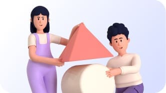 Two cartoon-style characters hold a pink triangular prism above a large white cylinder against a light gradient background.